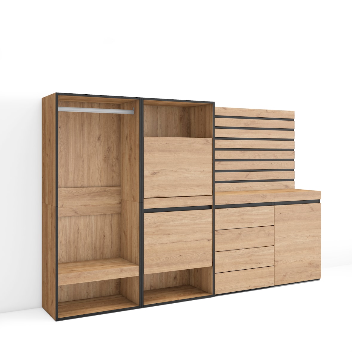 Scarpiera, Mobile Salvaspazio, 227x35x145cm, Camera da letto, Armadio Aperto, Cassettiera, Pannelli Decorativi, Rovere _ 458_31