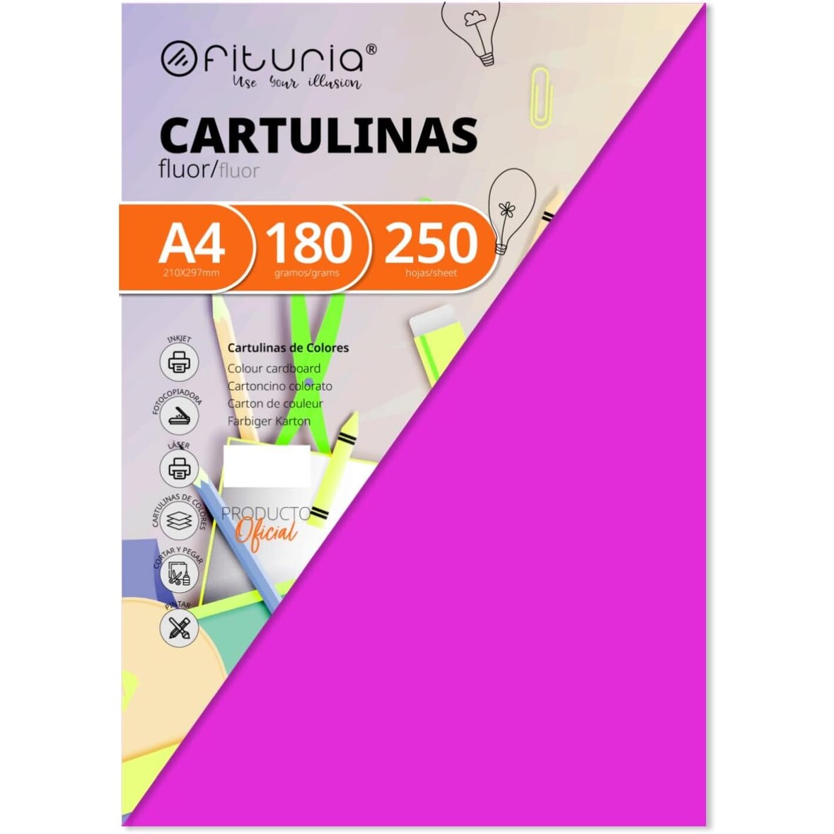 Pack 250 Rosa Fluor, Cartulina A4 180g, Colores para Manualidades, Diseños Creativos y Proyectos de Arte · Ofituria