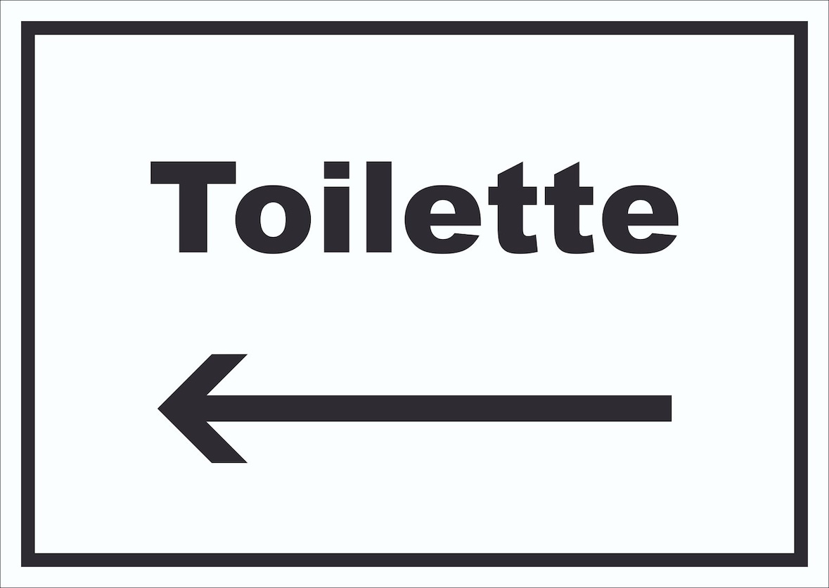 Toilette Schild mit Text und Richtungspfeil links Klo WC waagerecht A1 Rückseite selbstklebend
