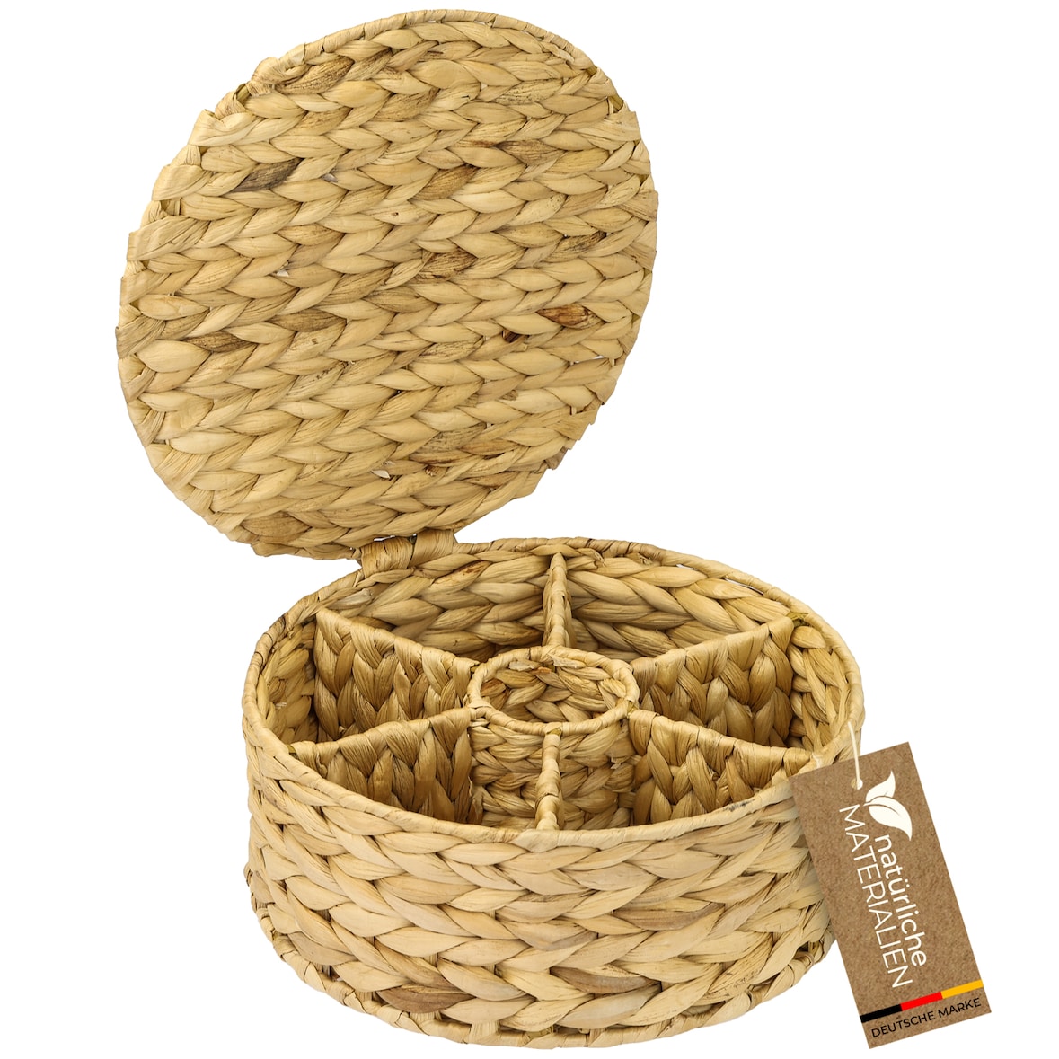 HMF Teebox für Teebeutel geflochten aus Wasserhyazinthe, Tee Aufbewahrungsbox mit 7 großen Fächern, 27 x 27 x 11 cm