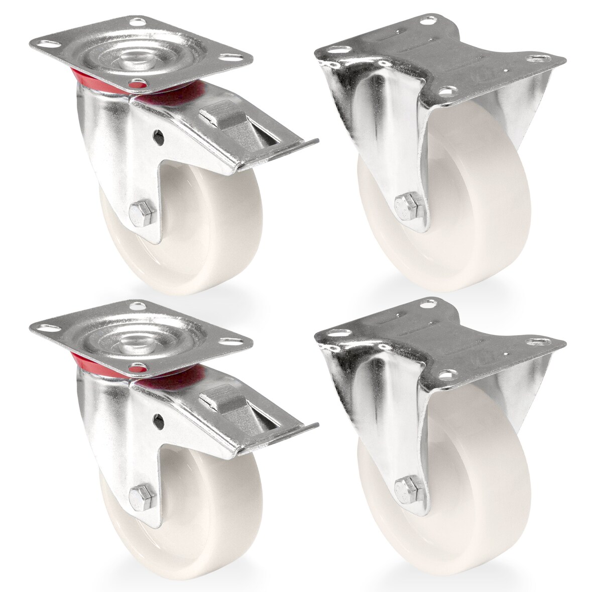PRIOstahl Transportrollen 100mm Rollensatz 2 Bockrollen + 2 Lenkrollen mit Bremse Weiß Schwerlast