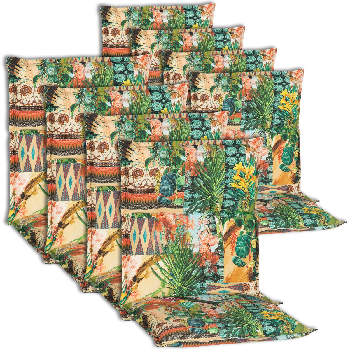 NYVI Niedriglehner Auflagen Piemont - Polsterauflage mit Halteband & Bindebändern Größe:8x Niedriglehnerauflage,Dessin:Dschungel Print BE743