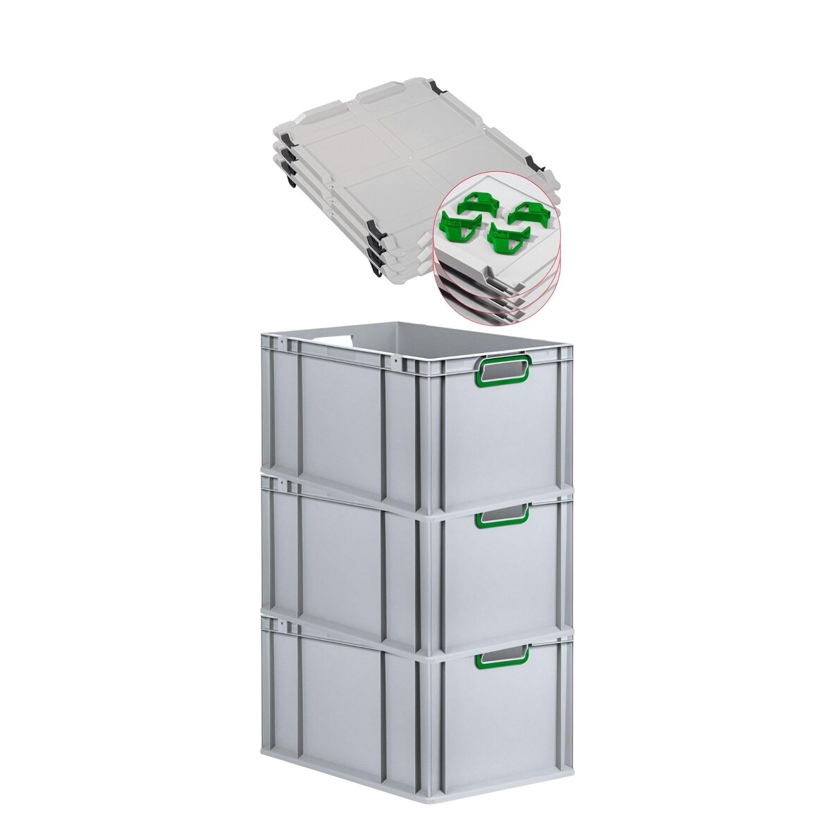 PROREGAL SuperSparSet 3x Eurobox NextGen Color mit Auflagedeckel & Verschlüsse, HxBxT 32x40x60cm, 65L, Grau, Griffe grün offen, Eurobehälter, Box