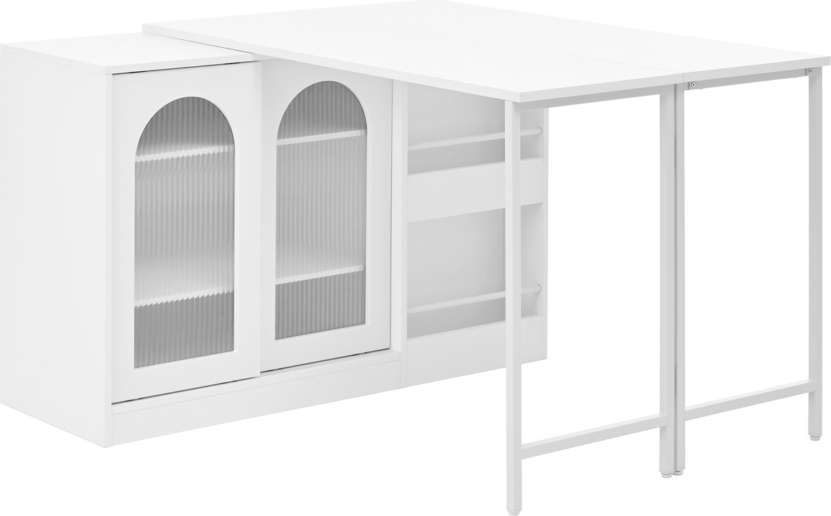 Bartisch ausziehbar Weiß 122x40x77 cm mit 360 Grad Drehplatte Stauraum Glasschiebetüren höhenverstellbaren Einlegeböden Kücheninsel
