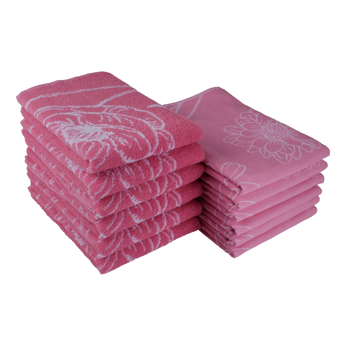 DoubleDry Theedoeken en Keukenhanddoeken Set 12 st - 100% katoen - bloem, roze