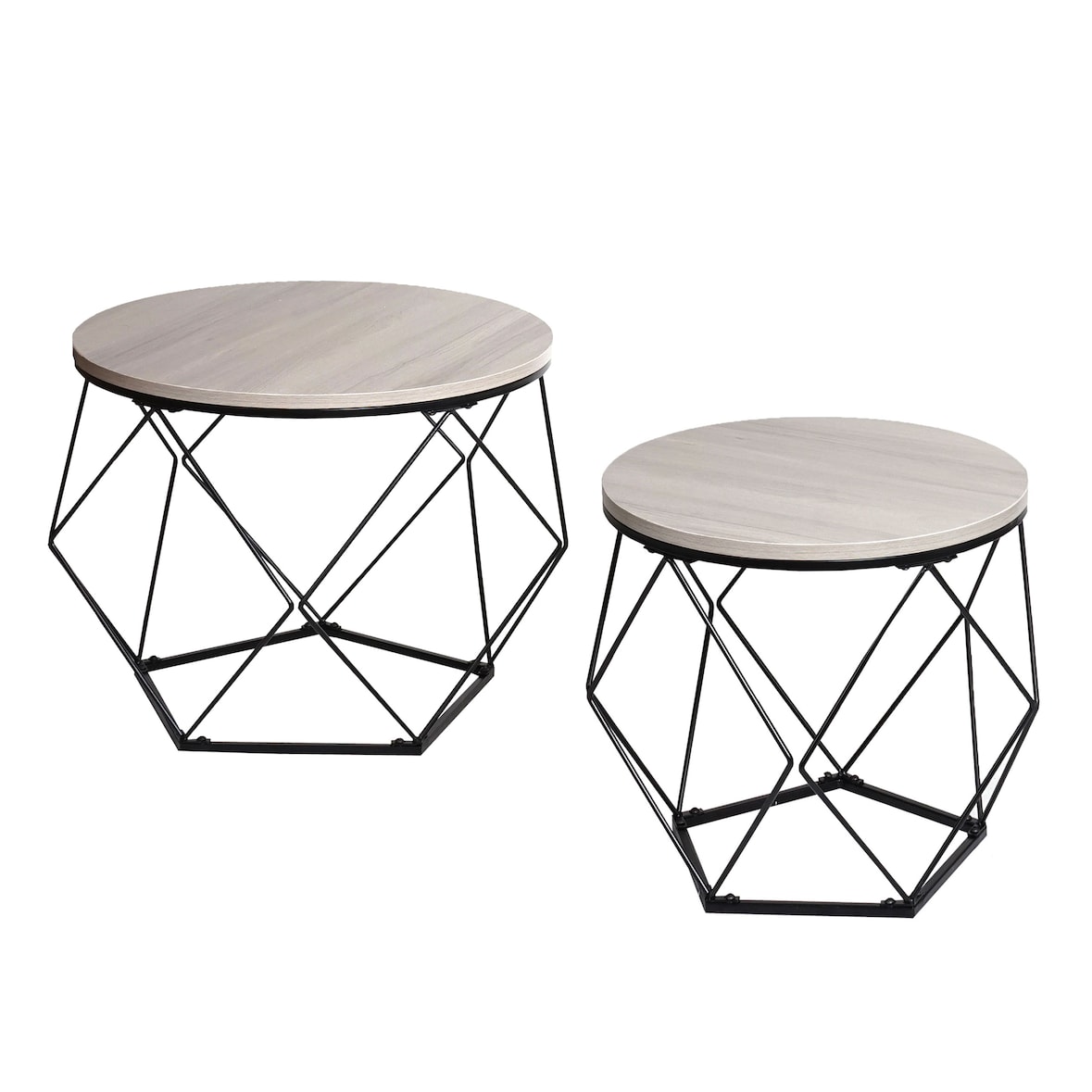 Salontafel set HWC-L37, salontafel bijzettafel loungetafel, metaal hout ~ eiken grijs look