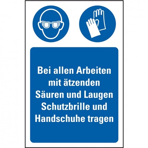 Aufkleber I Gebots-Kombischild Arbeiten mit Säuren und Laugen, Folie, selbstklebend, 200x300mm, ASR A1.3, DIN EN ISO 7010