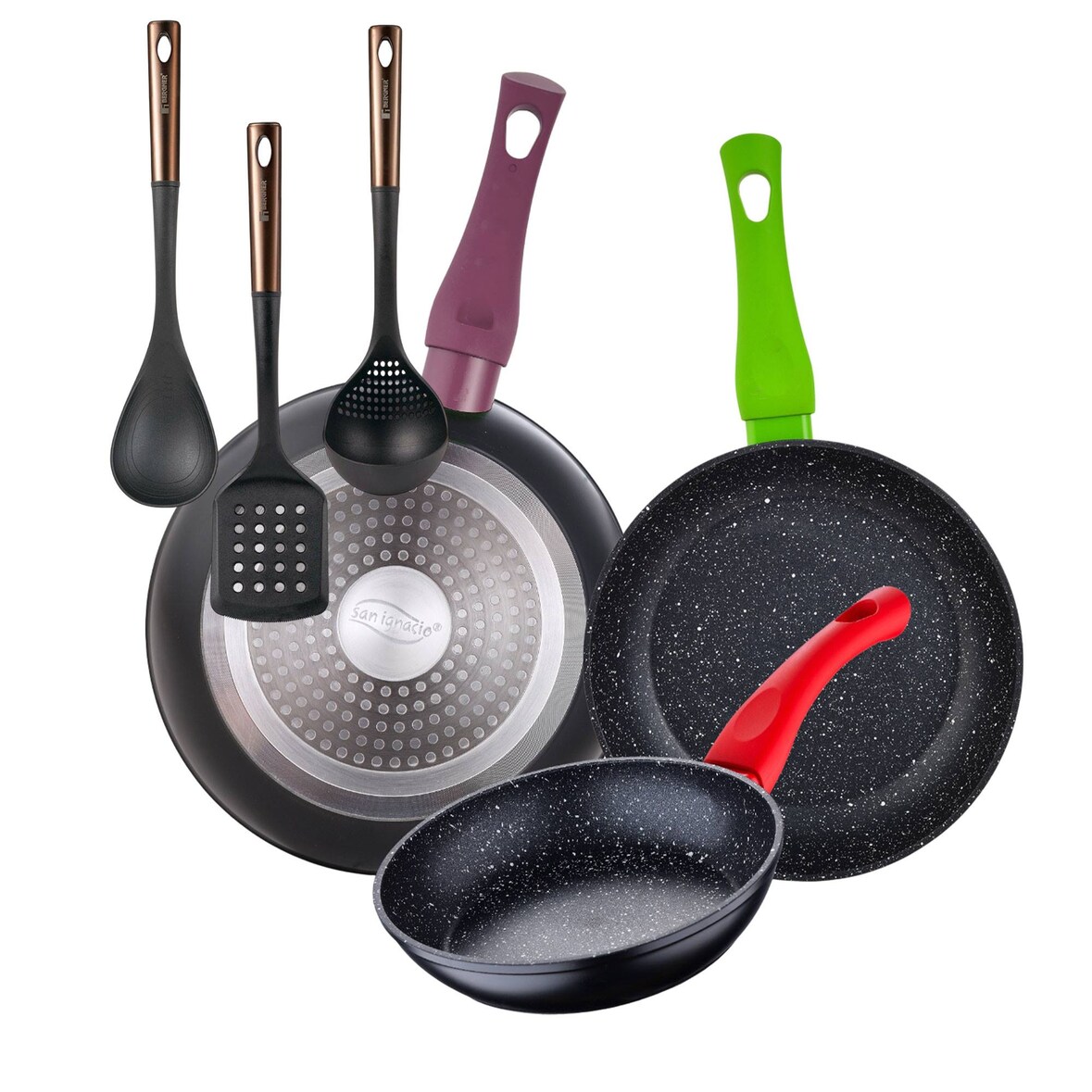 BERGNER - Set aus 3 Pfannen Ø18/Ø22/Ø26 cm Jolie Schmiedaluminium, geeignet für Induktion Set 3 Küchenutensilien aus schwarzem PBT und Kupfer