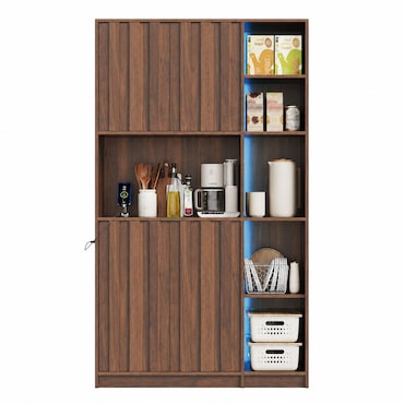 Merax Keukenkast 105 x 40 x 180 cm met led, stopcontacten, vitrinekast en opbergruimte, bruin houtlook