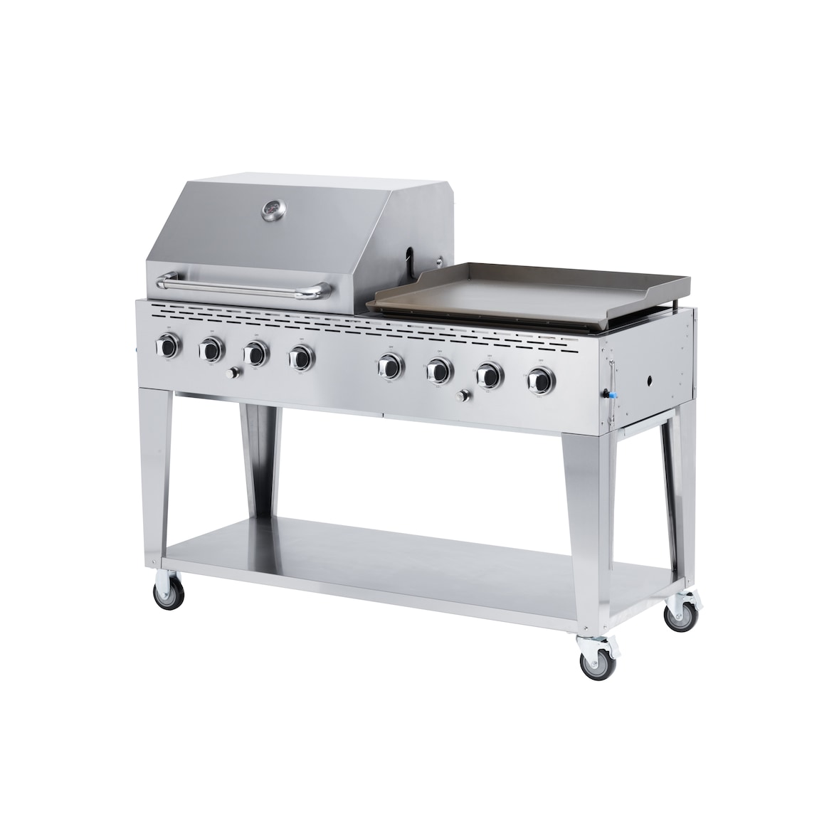 METRO PROFESSIONAL Barbecue Plancha à 8 brûleurs à gaz sur chariot, acier revêtu en poudre, 157 x 64 x 122 cm, puissance 30,4 kW, 4 roulettes, argent