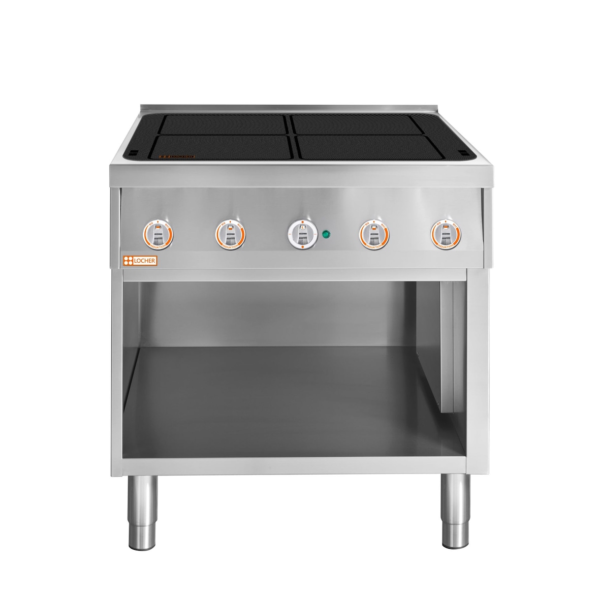 LOCHER Induktionsherd, 4 Kochstellen je 5 kW, Unterbau 3-seitig geschlossen, vorn offen, 400 V