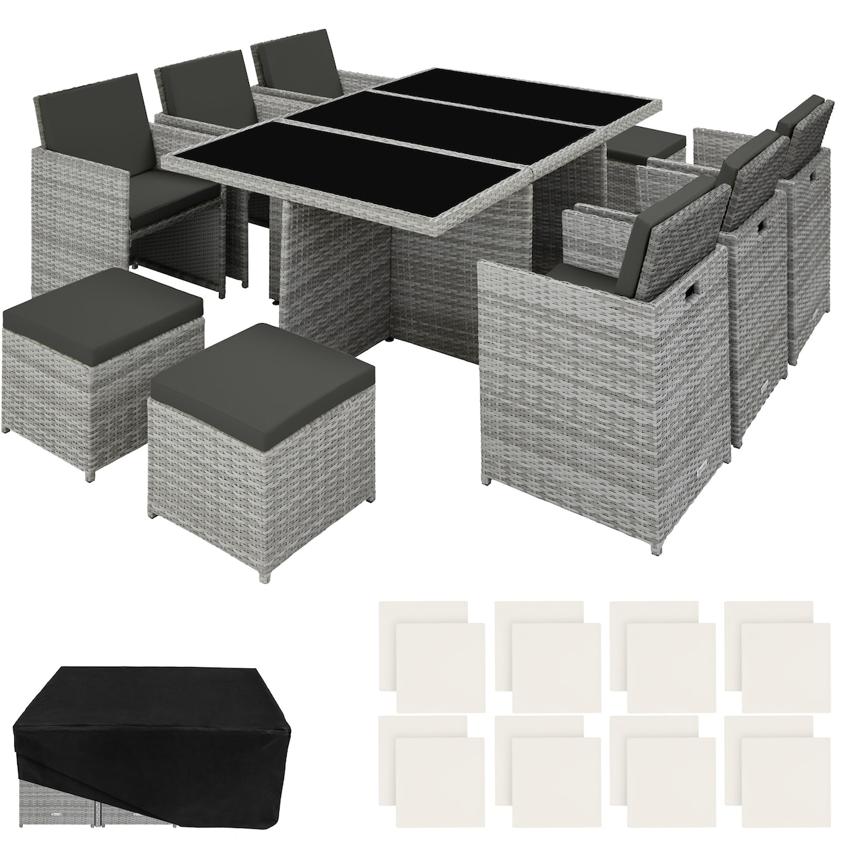 TECTAKE Conjunto de jardín de 11 piezas de polirratán y aluminio, cojines de 5cm, funda protectora, gris claro