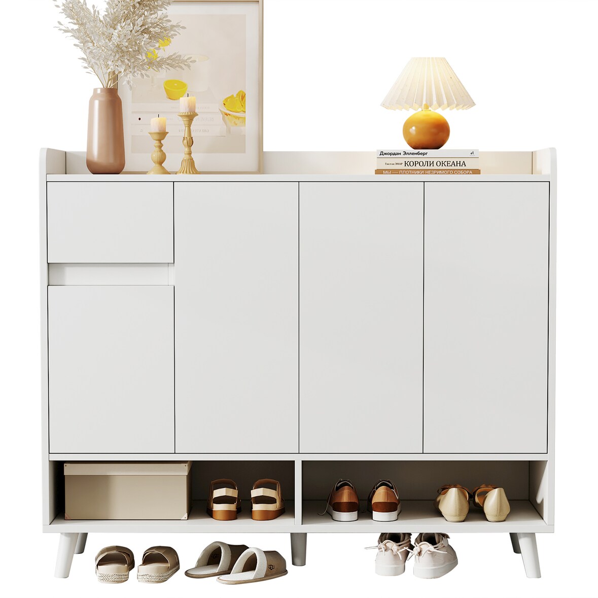 Moderne Sideboard Kommode Schuhschrank 120x35x99 cm in Weiß mit 4 Türen und 1 Schublade, Flexibles Regal