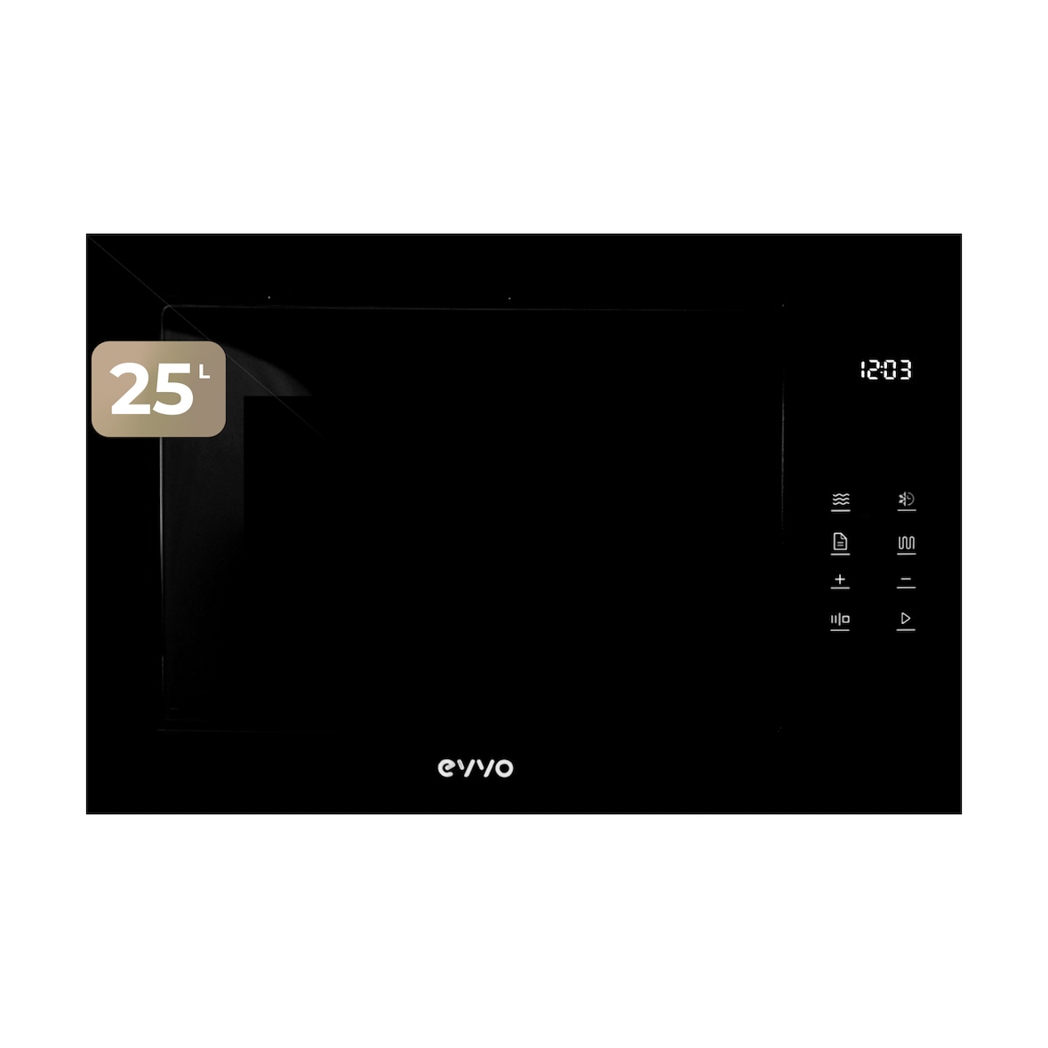 EVVO Microondas integrable Mi45 Glass Bl, 25L de Capacidad, Grill 1200W, Puerta y Marcos Efecto Brillante, Multifunción, 8 Funciones