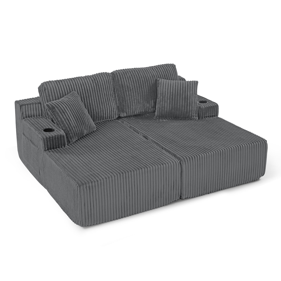 2-Sitzer Schlafsofa Lounge Sofa Relaxsessel Kordstoff Grau 78×154×186 cm mit Magazintasche, Getränkehalter, Kissen, vielseitig und pflegeleicht
