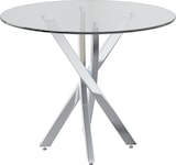 thumbnail of Esstisch rund 80x80x75 cm Silber mit gehärteter Glasplatte und galvanisierten Metallbeinen, kreuzförmiges Gestell, modern und platzsparend