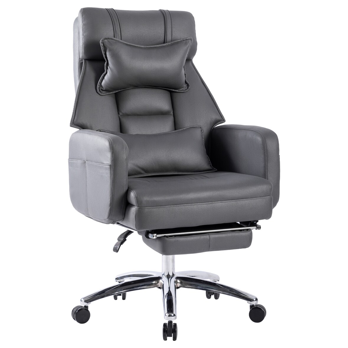 Bürostuhl ergonomisch drehbar mit Fußstütze Dunkelgrau 118x69x78 cm verstellbare Rückenlehne bis 155 Grad Lendenstütze Kopfstütze