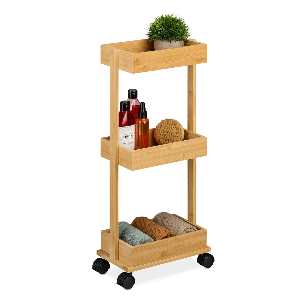 Relaxdays Rollwagen, Bambus, 3 Ebenen, HxBxT: 71,5x31x18 cm, 4 Rollen, Badezimmer, Küche, schmaler Beistellwagen, natur
