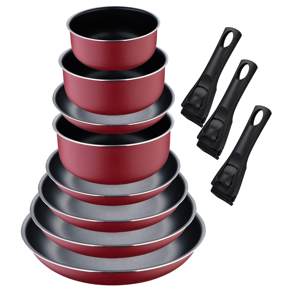 BERGNER Click&Cook - Set 5 Bratpfannen Ø18/Ø20/Ø22/Ø24/Ø26cm aus gepresstem Aluminium und 3 Stielkasserollen Ø16/Ø18/Ø20cm mit abnehmbaren Griffen
