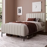 thumbnail of Polsterbett Einzelbett 90×200 mit verstellbarem Kopfteil, gepolstert, Leinenbezug, Massivholz und Metallrahmen, Schlafzimmer, Gästezimmer, Grau-Beige