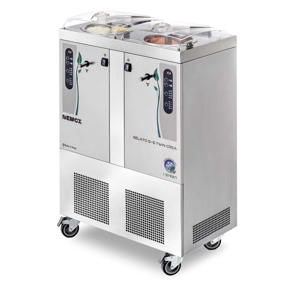Mantecatore doppio professionale con conservazione. Produzione 5+5 kg/ora. Impianti di mantecazione separati. Modello GELATO 5+5K TWIN