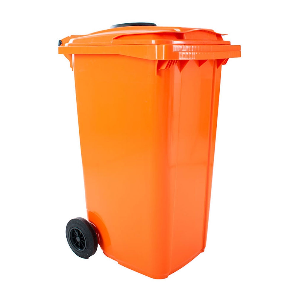 PROREGAL Premium 2-Rad-Mülltonne MGB mit Einwurfrosette für Flaschen & Dosen | 240 Liter, HxBxT 107,9x58,3x73,7cm | HDPE-Kunststoff | Orange