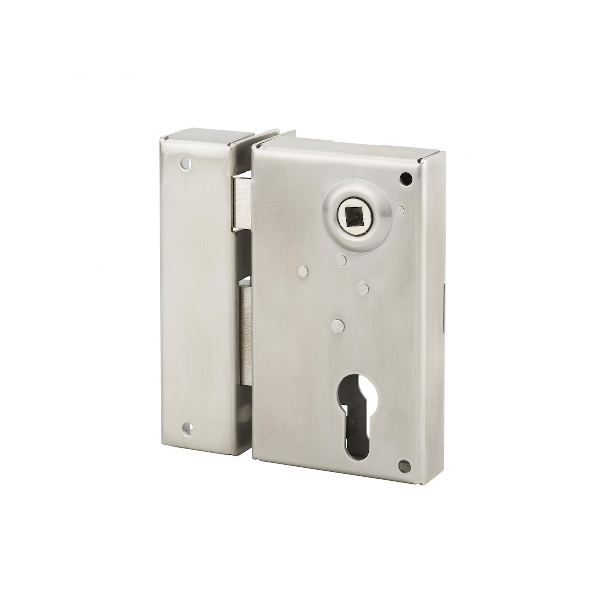 Boitier de serrure verticale en applique double entrée à fouillot pour portail, gauche, axe 45mm, 73x125mm, inox - THIRARD