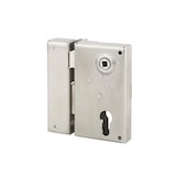 thumbnail of Boitier de serrure verticale en applique double entrée à fouillot pour portail, gauche, axe 45mm, 73x125mm, inox - THIRARD