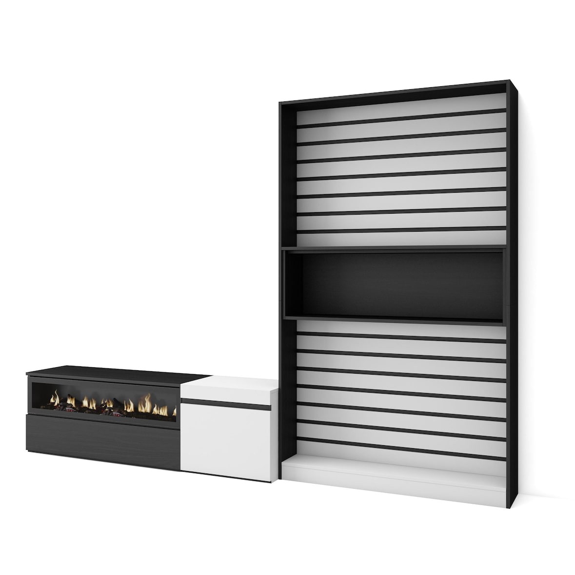 Meubels voor woonkamer, TV-Meubel, Lowboard, 260x35x186cm, Voor tv's tot 65", Elektrische haard, Moderne stijl, Wit en Zwart _ 89_14