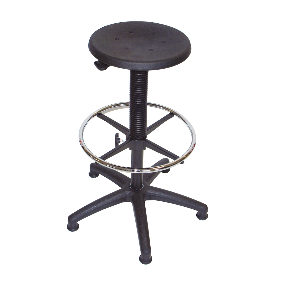 PROREGAL Hocker Louisville | Sitzhöhe 54-80cm | Ø 63cm | Tragfähigkeit 110kg | Polyurethane-Sitz | Kunststoff-Fußkreuz mit Gleiter | Schwarz