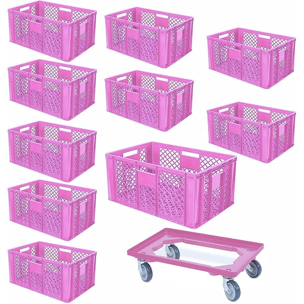 10 Eurobehälter, LxBxH 600x400x320 mm, lebensmittelecht + 1 Transportroller, pink