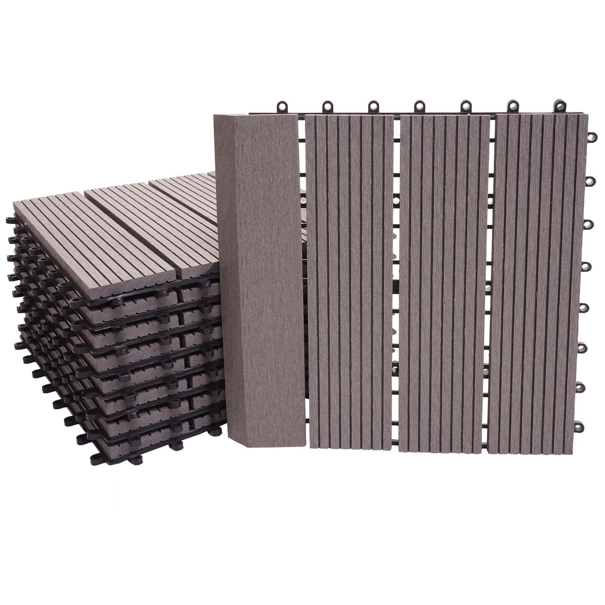 Mendler WPC Bodenfliese Rhone + Abschluss, Holzoptik Balkon/Terrasse, 11x je 30x30cm = 1qm Premium ~ grau linear senkrecht