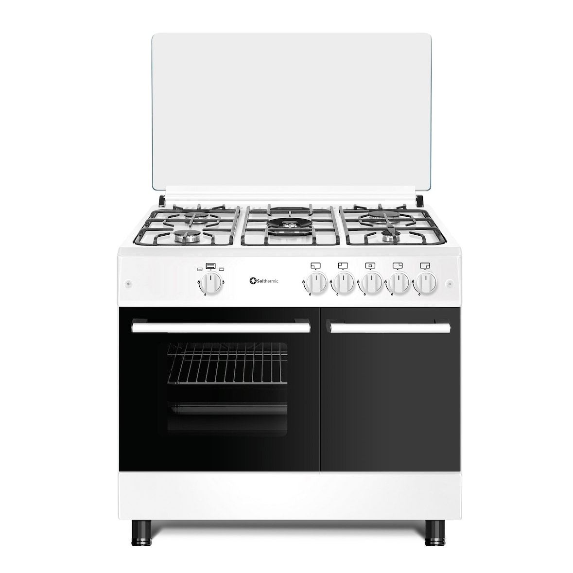 Solthermic F9Lg50G2W Fogão a Gás Branco Design Moderno com 5 bicos / 5 bicos com acendimento automático / Forno 64 L. / Gás Butano e Gás de Cidade.