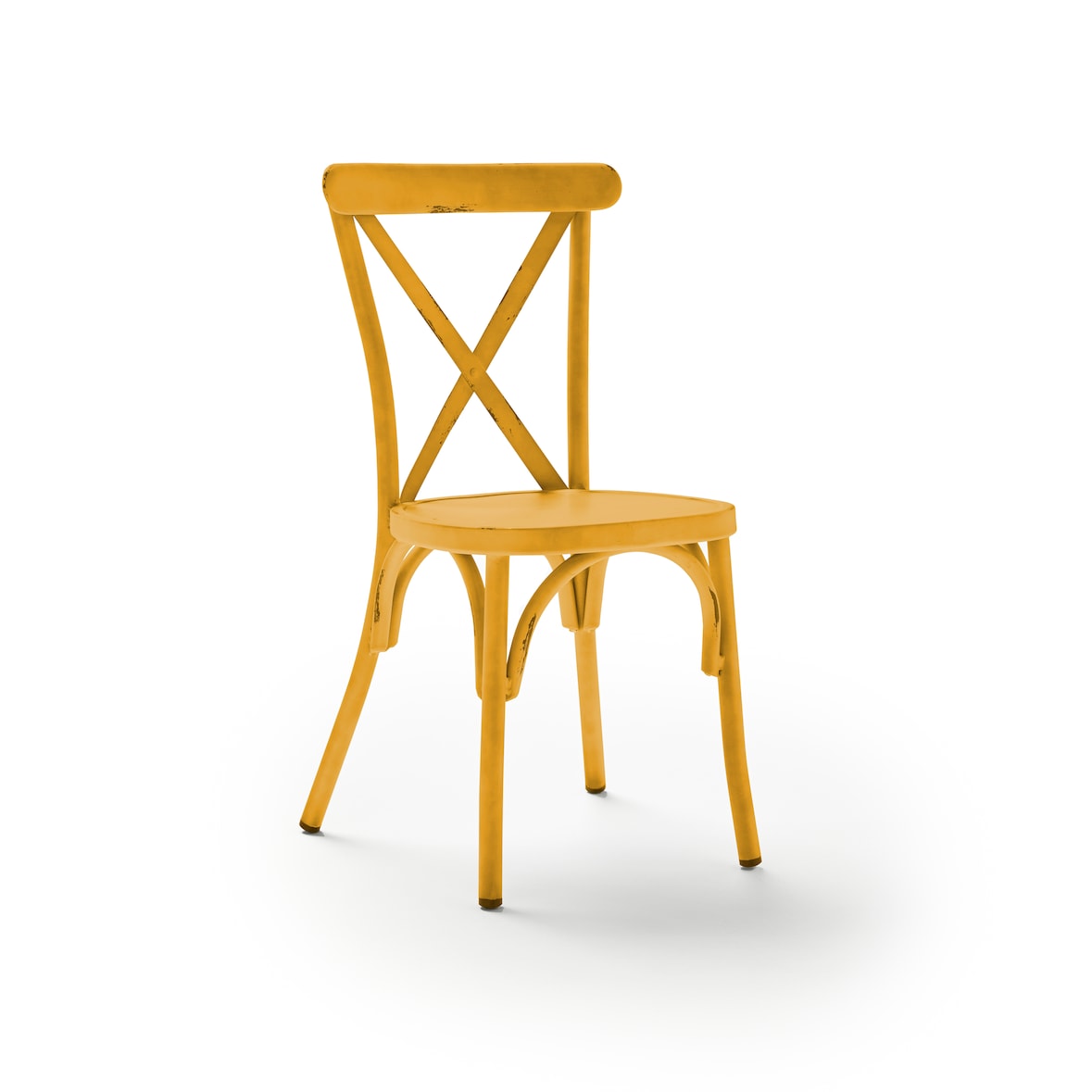 Silla apilable de exterior NEW CROSS realizada en aluminio vintage color amarillo.