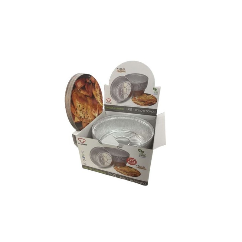 Envase aluminio pollo asado con tapas incluidas. Formato caja dispensadora - 25 ud.