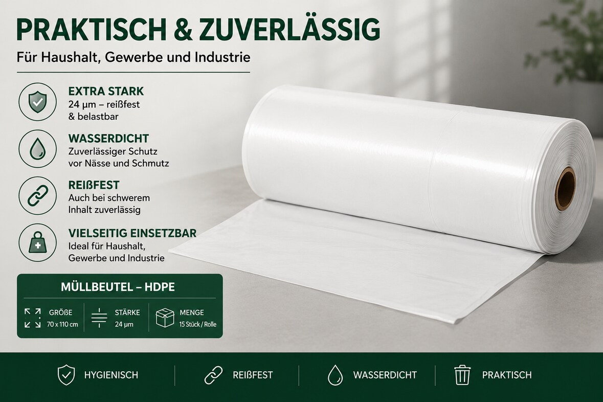 Müllbeutel ohne Griff aus HDPE – 70 × 110 cm – 24 µm – Weiß – 300 Stück Karton – RyanPack
