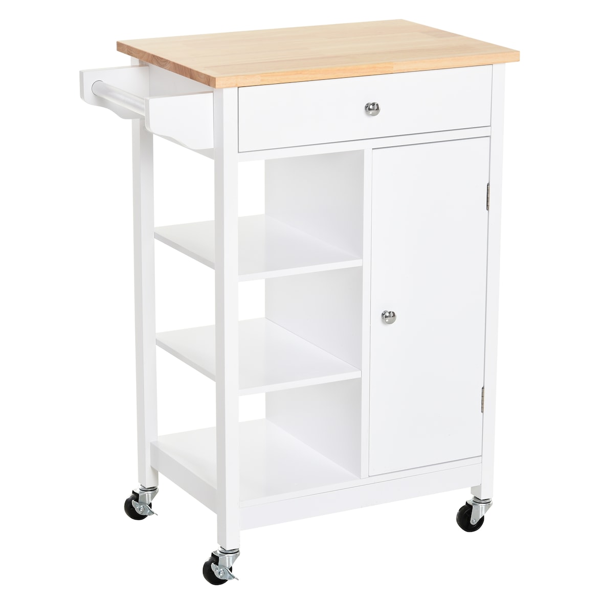 Carrito de Cocina con 1 Cajón 1 Armario 3 Estantes Abiertos 66x39,5x86,5 cm Blanco