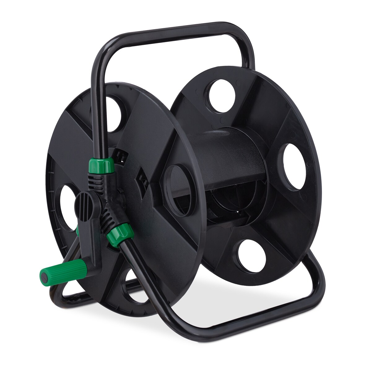 Relaxdays Schlauchtrommel, für 30 m 1/2" Schlauch, Stahl, Kunststoff, Schlauchhalter, HBT: 38 x 42 x 31 cm, schwarz/grün