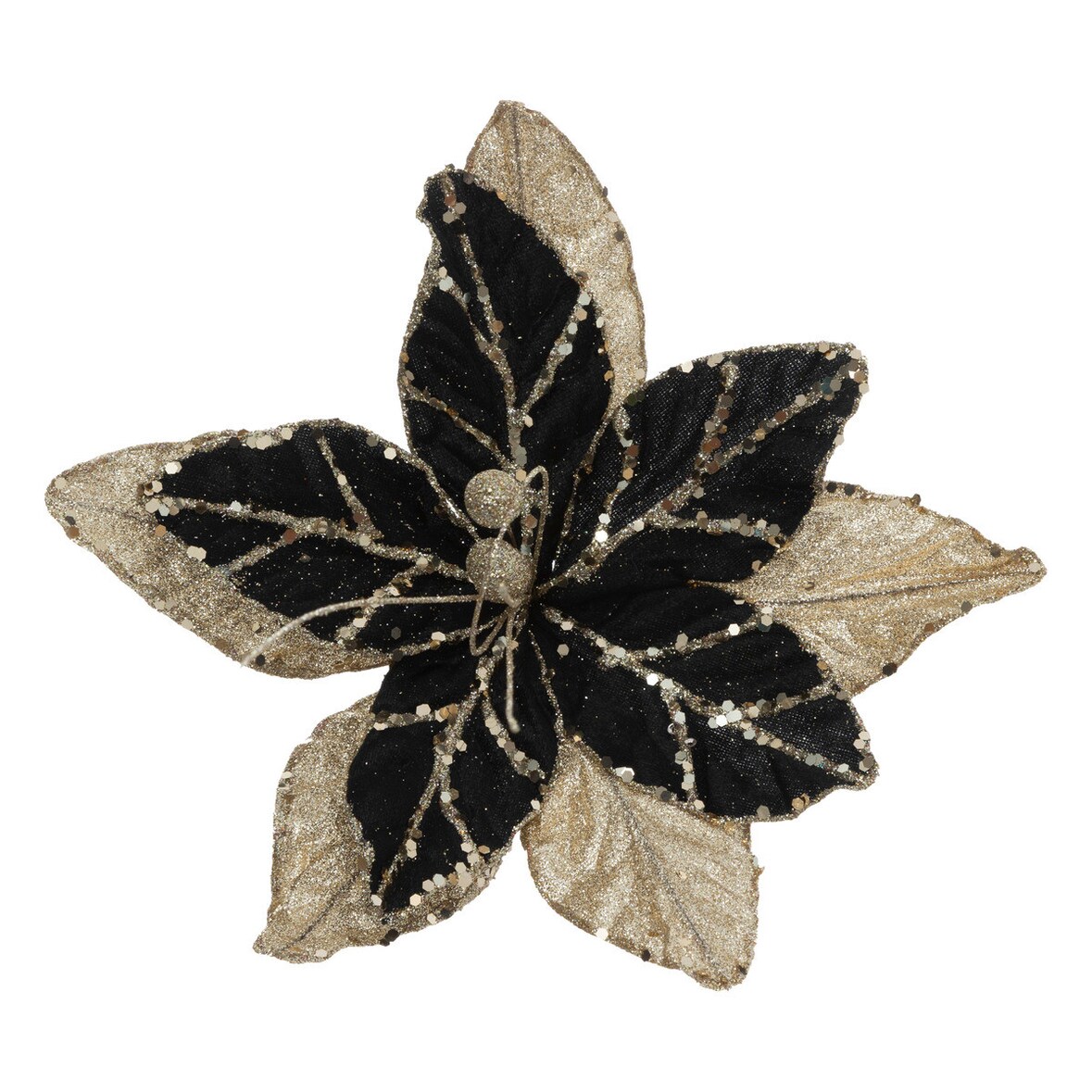 Déco de Noël Fleur de Poinsettia velours Noir et Or pailleté 25 x 25 cm