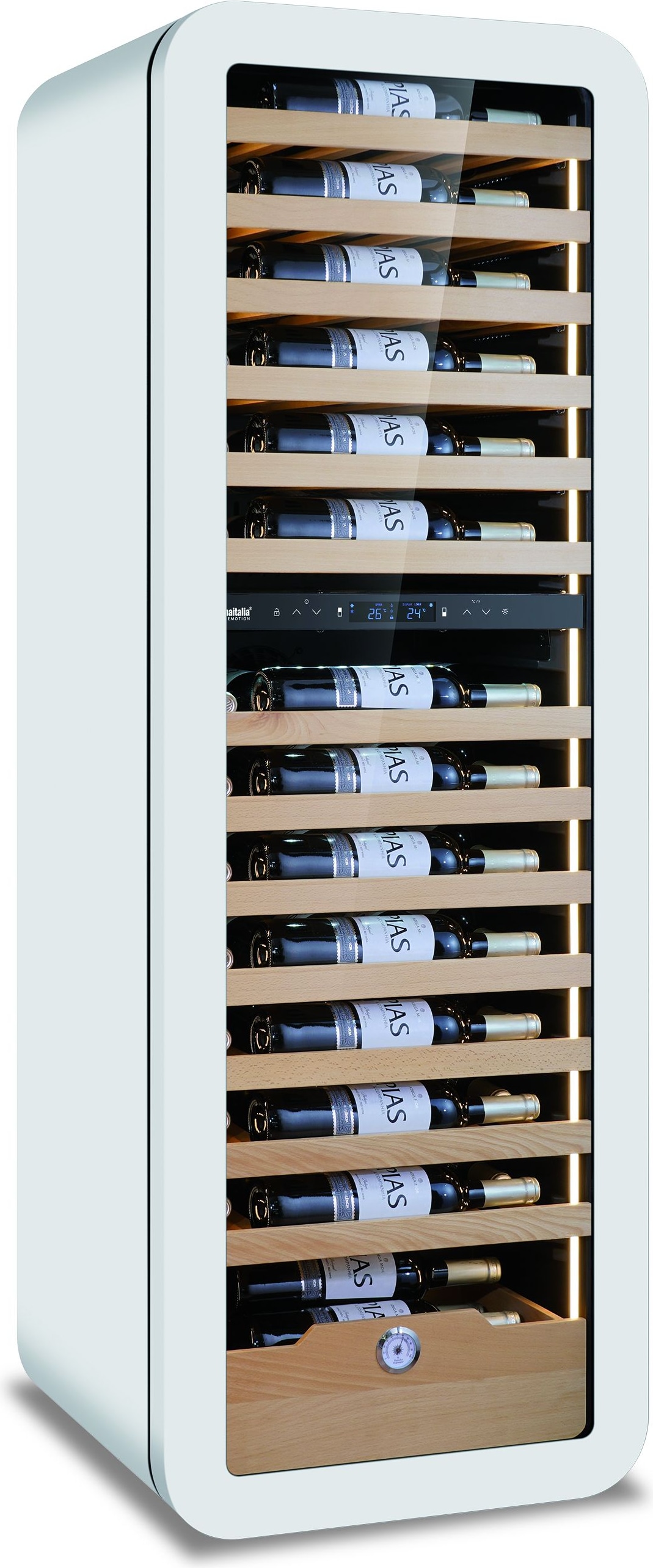 KLIMAITALIA Weinkühlschrank doppelter T°. Holzregale & Kommode. Hygrometer. LED. T°en +2°C/+20°C. Dim. LxWxH 54x55x160 cm. VINARIUS62WHT