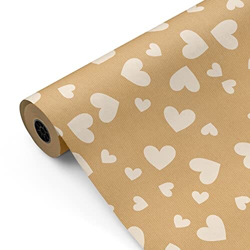 Bobina papel de regalo, rollo grande 62cm x 100m •kraft corazones• ideal para: tiendas negocios comercios envolver regalos cumpleaños