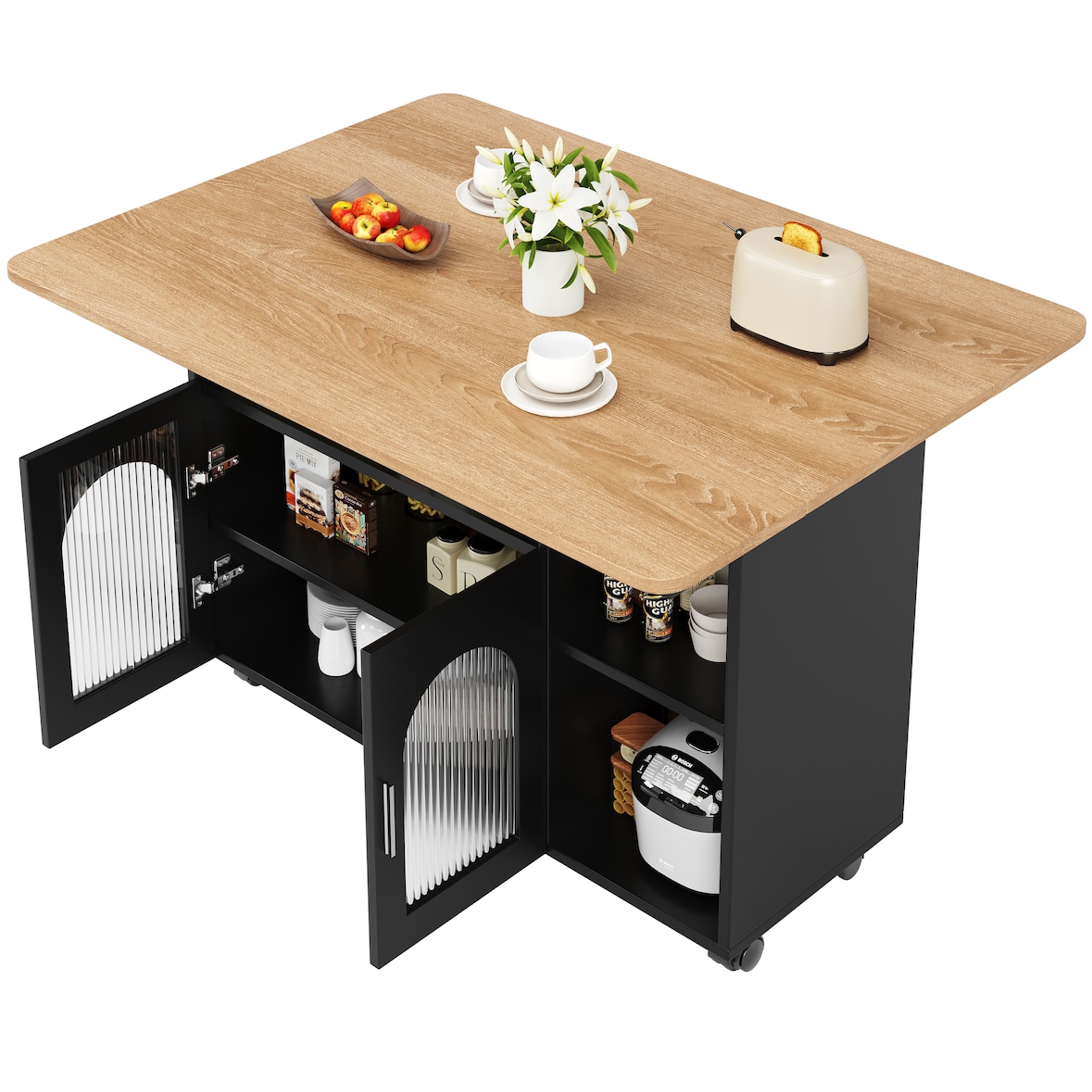 Kücheninsel Küchenwagen 120x70x80 cm klappbarer Tisch mit Stauraum und Rollen, MDF+Glas, Schwarz+Natur