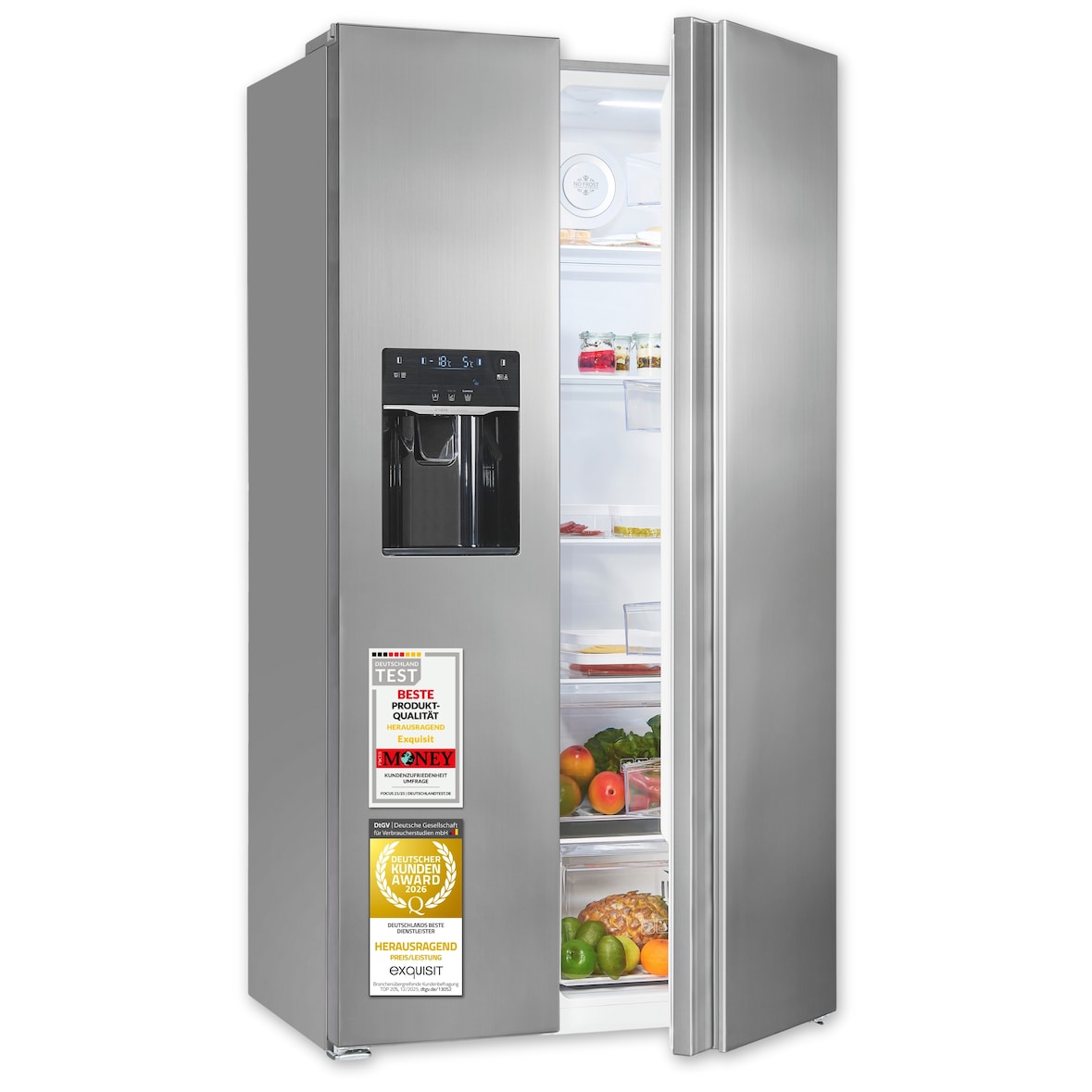 Exquisit Side-by-Side Kühlschrank, 513 Liter, NoFrost, Kühl-Gefrierkombination, LED, 4-Sterne-Gefrieren, Edelstahloptik, SBS5520-CF-040E inoxlook
