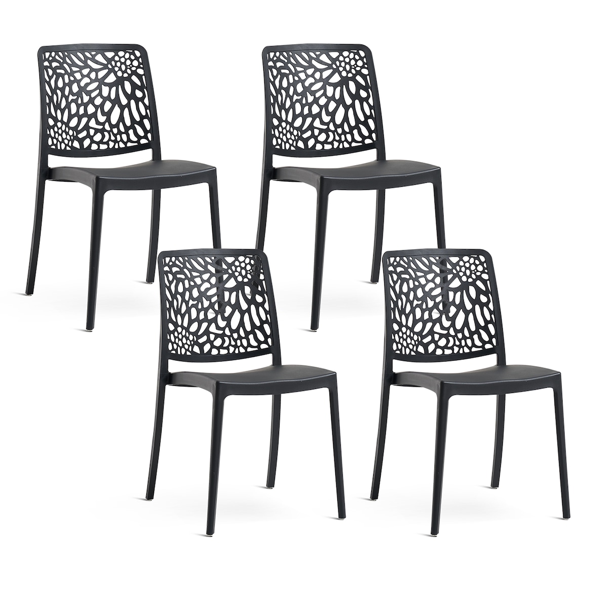 Set van 4 stapelbare stoelen van polypropyleen met glasvezel, voor tuin of binnengebruik, waterafstotend en duurzaam, modern design – SOLE – Zwart