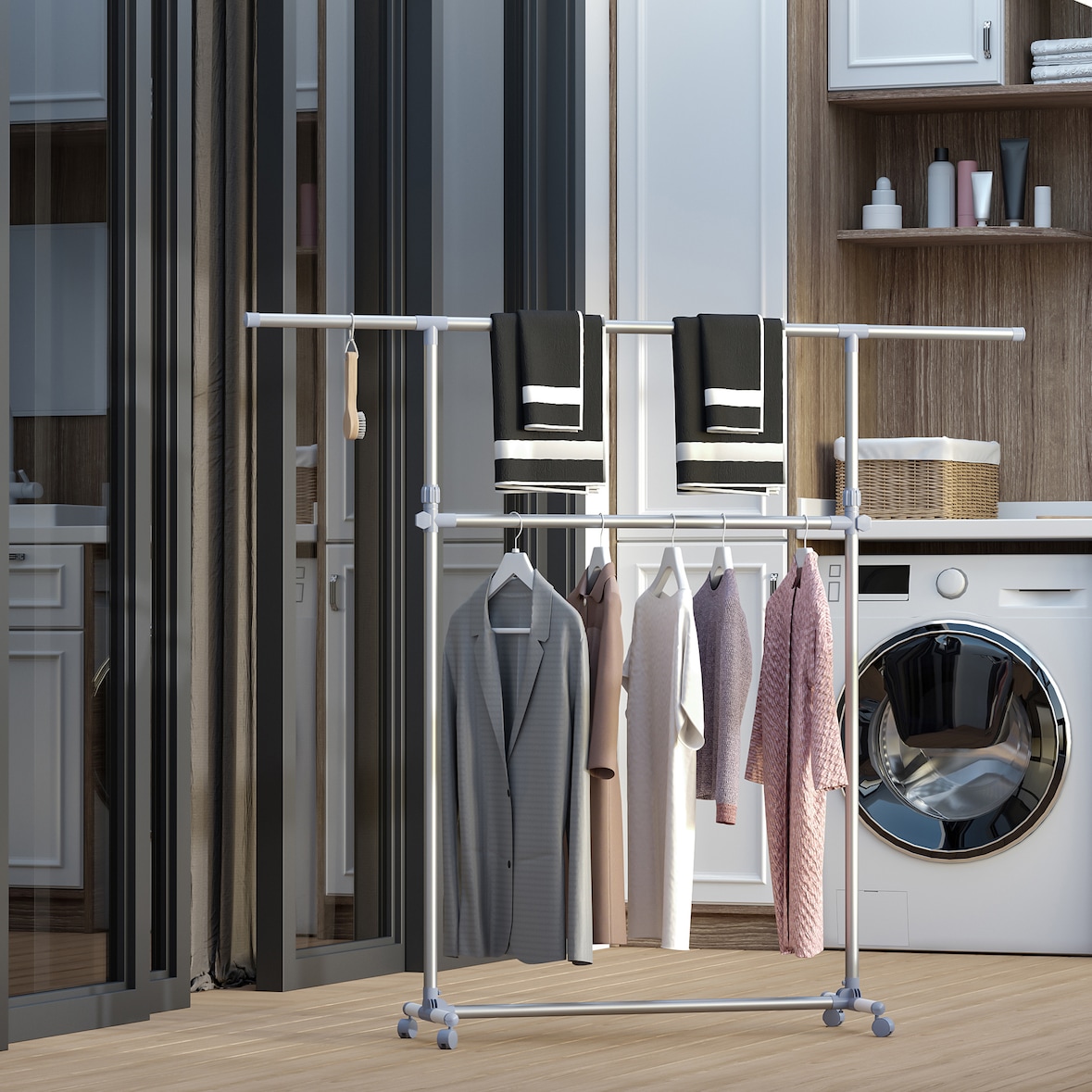 HOMCOM Stender Appendiabiti Regolabile in Acciaio Inox con 4 Ruote