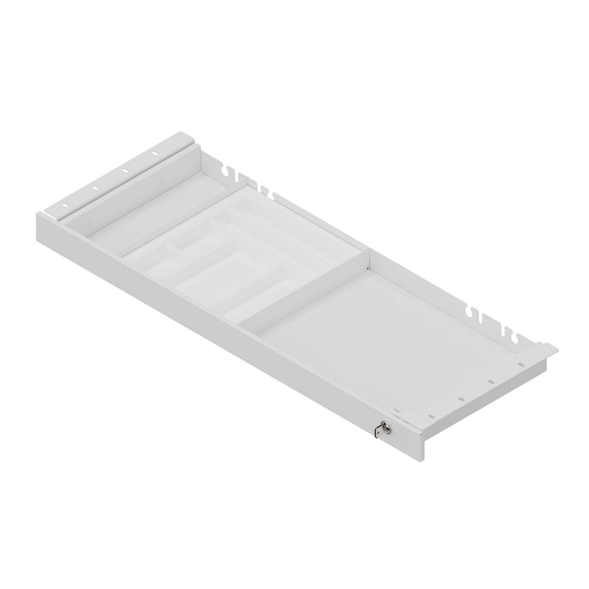 bümö Schreibtisch Organizer Schublade abschließbar aus Metall in weiß mit Schloss, Schreibwareneinsatz, Trennstegen & Antirutschmatte -  Premium