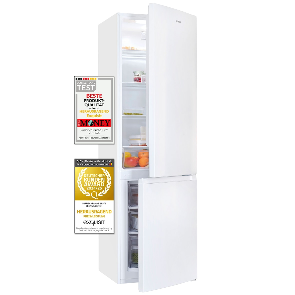 Exquisit Kühl-Gefrierkombination, 262 Liter, Alarm-Funktion, 4 Glasablagen, 3 Gefrierschubladen, 4-Sterne-Gefrierfach, KGC265-70-040D weiss