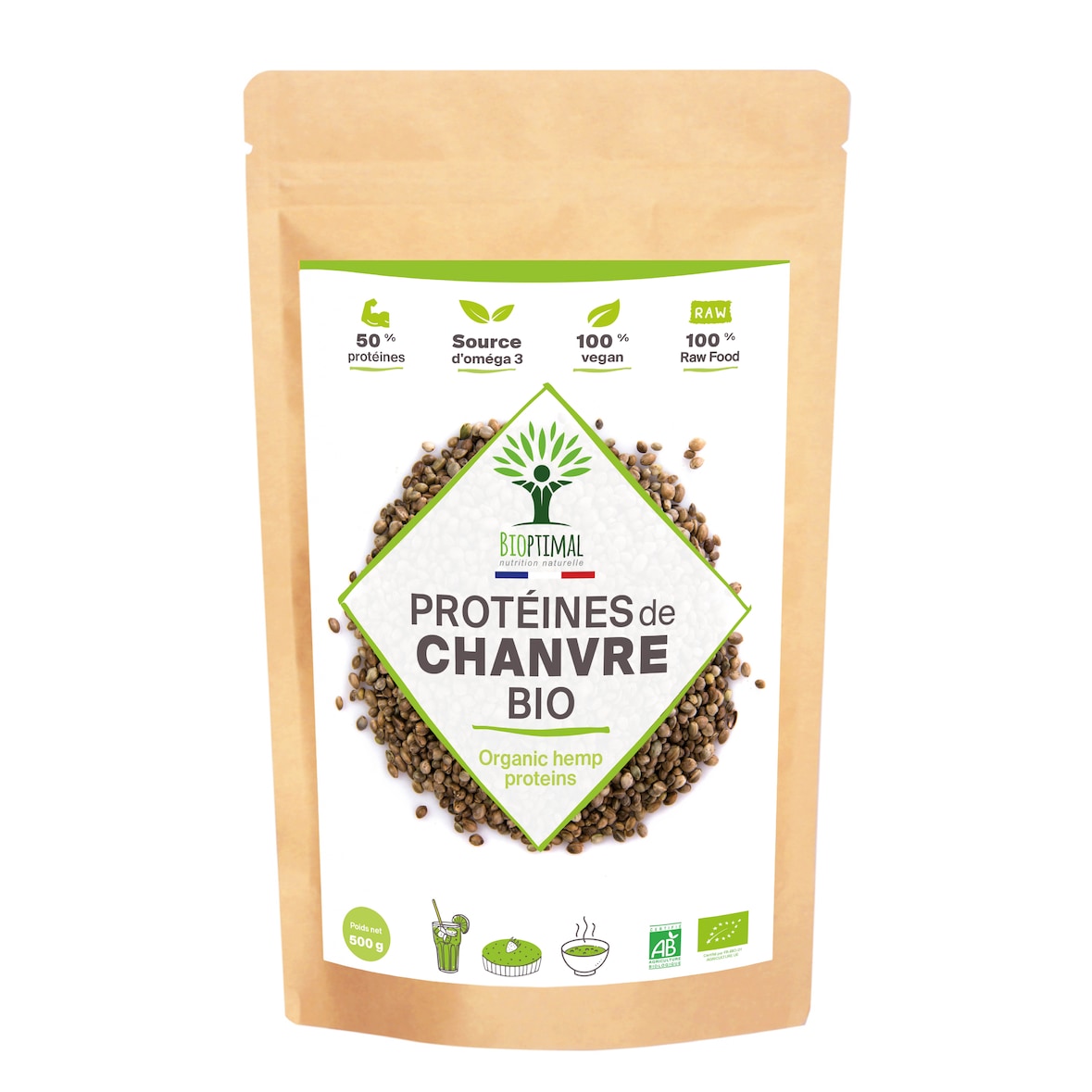 Protéine de Chanvre Bio - 50% de Protéines - BCAA Oméga 3 - Poudre de Graine de Chanvre Crue - Conditionné en France - Certifié par Ecocert - 500g