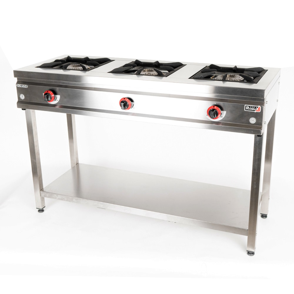 Romux® Cuisinière à Gaz 3 Feux 139x55 cm avec Armoire Horizontal en Acier Inox avec Régulateur de Flamme et Thermocouple | Réchaud à Gaz Butane