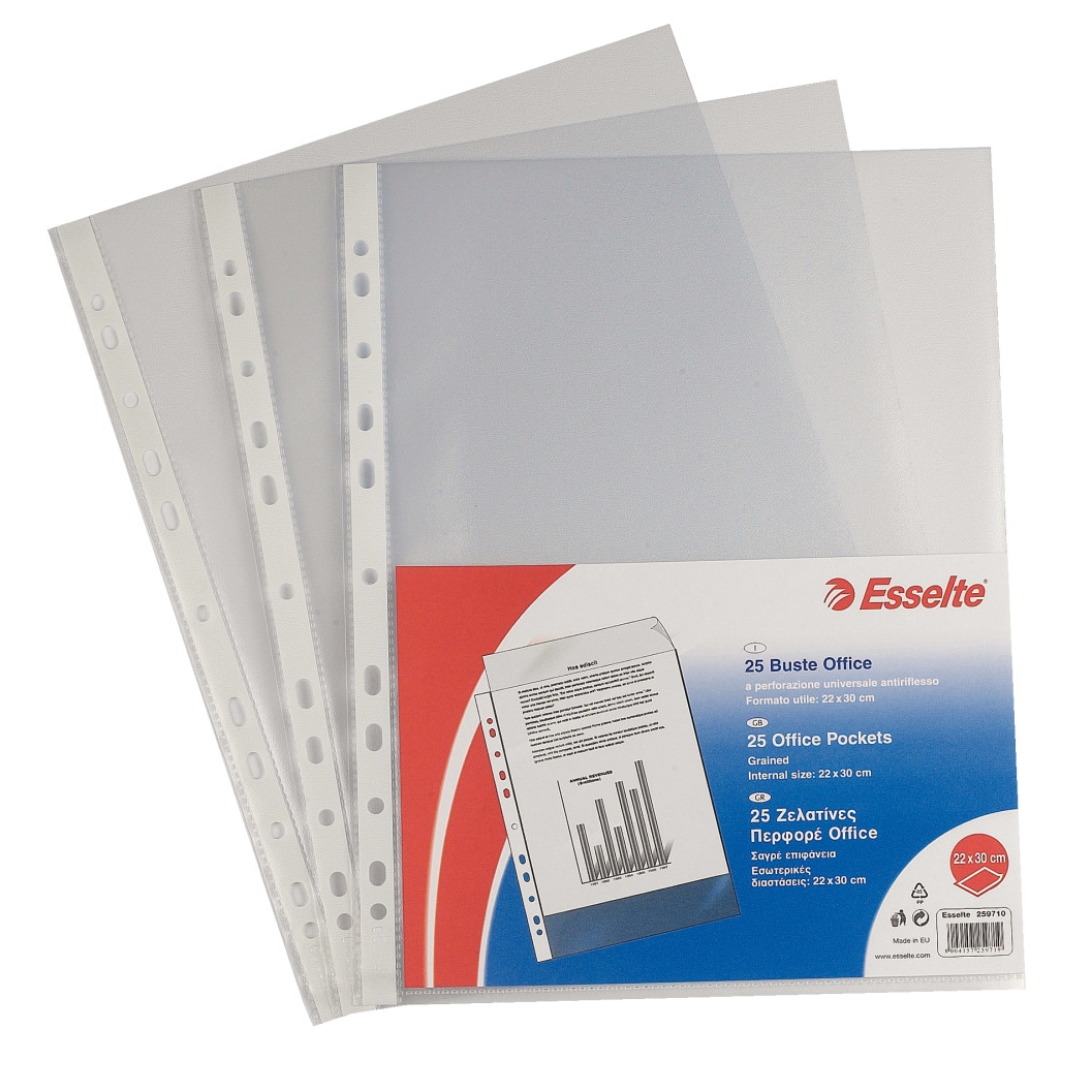 ESSELTE Buste perforate OFFICE, in PPL 30% riciclato, Formato A5, Finitura antiriflesso, trasparente, 36 Confezioni da 25 , 395612200